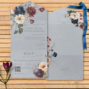 Blue Burgundy & Cream Rustic Blommigt Blue QR Code