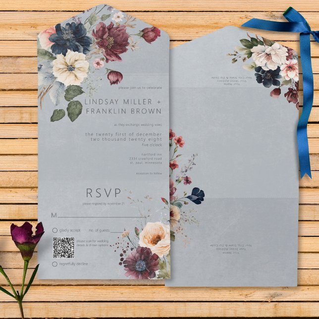 Blue Burgundy & Cream Rustic Blommigt Blue QR Code (Blue Burgundy & Cream Rustic Floral Blue All In One Wedding Invitation with QR Code)
