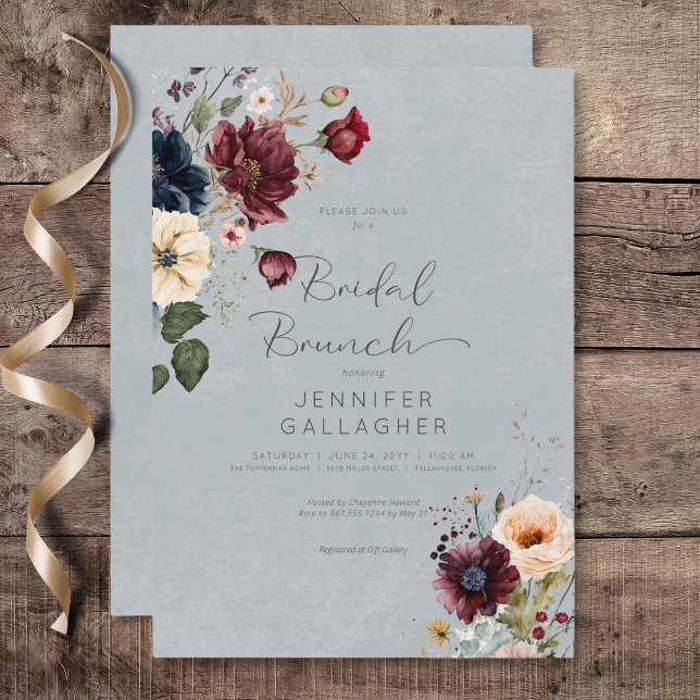 Blue Burgundy & Cream Rustic Blommigt Möhippa Brun Inbjudningar (Blue Burgundy & Cream Rustic Floral Bridal Brunch Invitation)