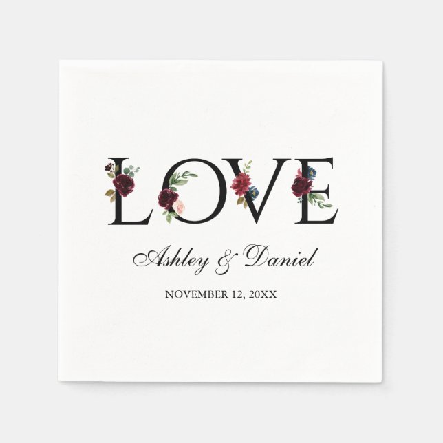 Blue Burgundy Watercolor Blommigt Kärlek Bröllop Pappersservett (Framsidan)