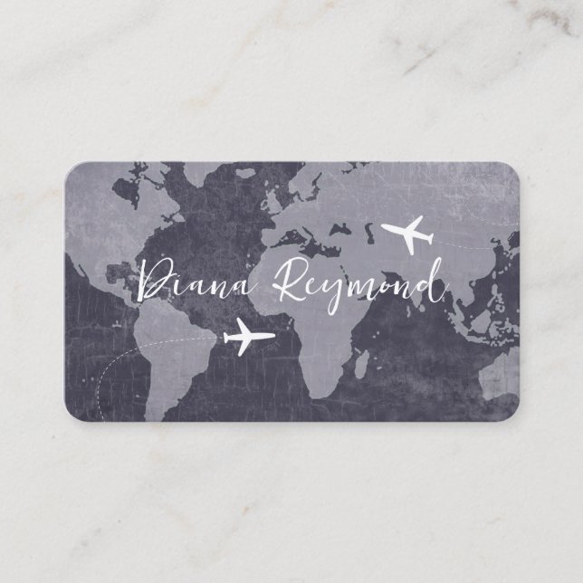 Blue Business Cards  with World Map and Planes Visitkort (Framsida)