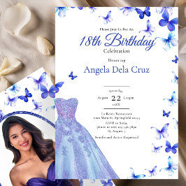 Blue Butterflies And Dress 18th Birthday Debut Inbjudningar