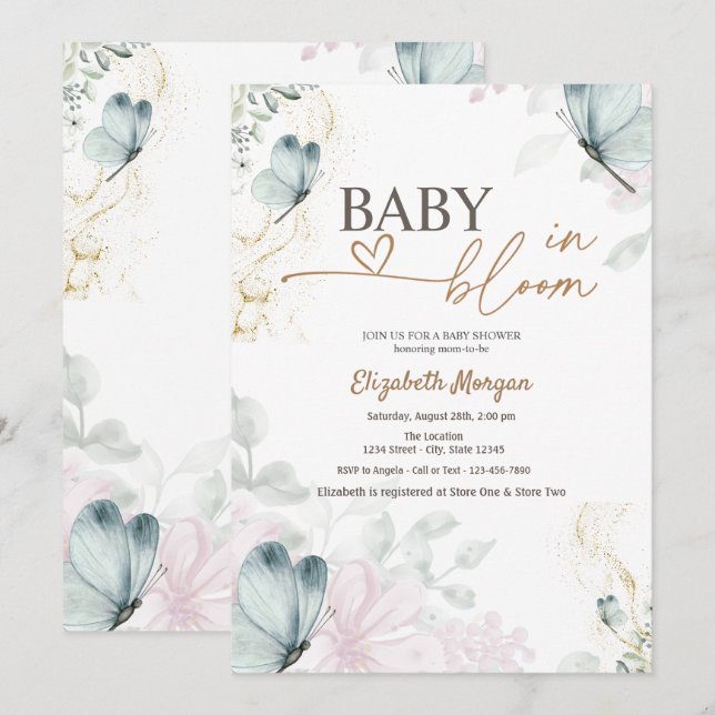 Blue Butterflies Baby i Bloom Inbjudningar (Fram/baksida)
