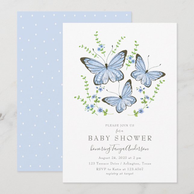 Blue Butterflies Baby Shower Inbjudningar (Fram/baksida)