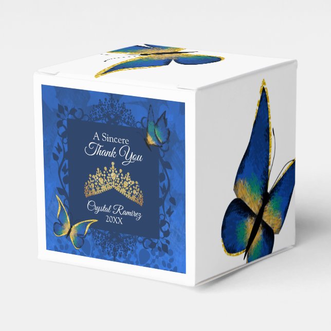 Blue Butterflies, Guld Tiara Quinceanera Favor Box Presentaskar (Framsidan Sidan)
