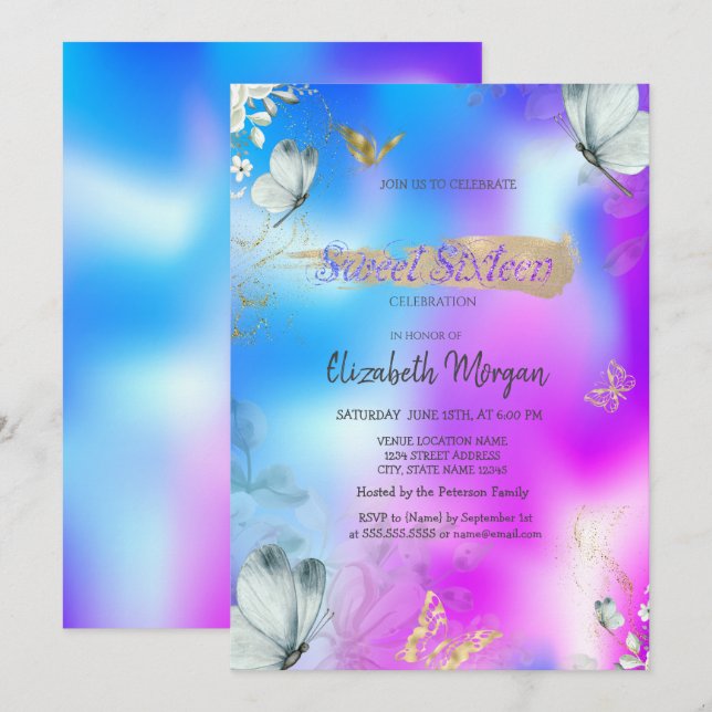 Blue Butterflies Holographic Sweet 16 Birthday  Inbjudningar (Fram/baksida)