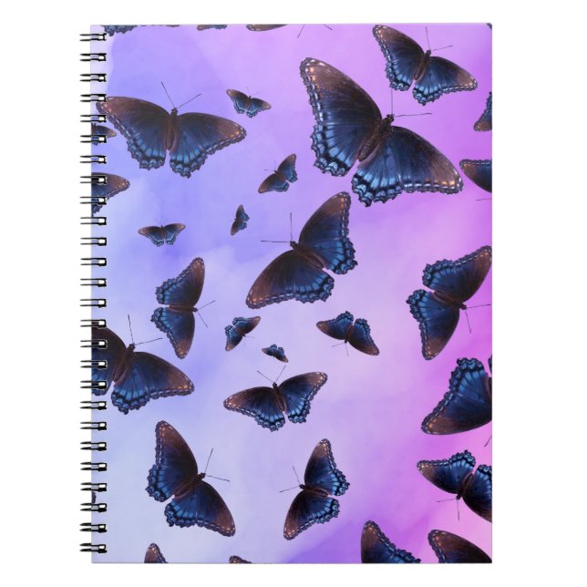 Blue Butterflies Lila Dimma Sunset Anteckningsbok Med Spiral (Framsidan)