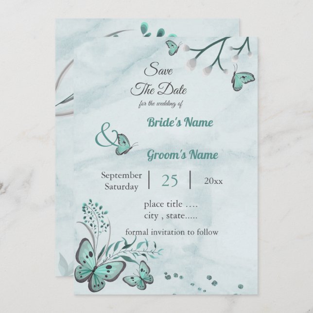 blue butterflies löv blommigt spara datumet inbjudningar (Fram/baksida)