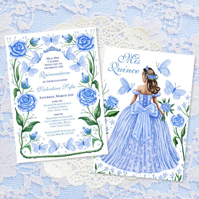 Blue Butterflies och Ro Princess Quinceanera Inbjudningar (Blue Butterflies and Roses Princess Quinceanera Invitation)