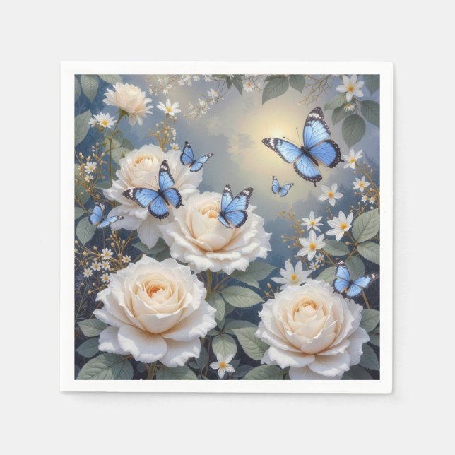 Blue Butterflies On White Roses and Daisies Pappersservett (Framsidan)