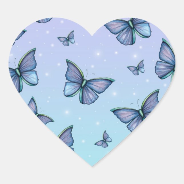 Blue Butterflies Stickers Hjärtformat Klistermärke (Framsida)