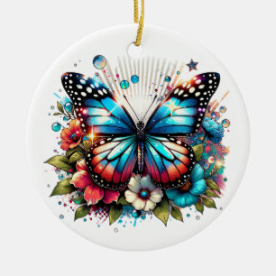 Blue Butterfly and Flowers Personlig jul Julgransprydnad Keramik
