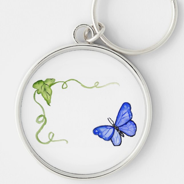 Blue Butterfly and Grönt Vine Keychain Charms Rund Silverfärgad Nyckelring (Framsidan)