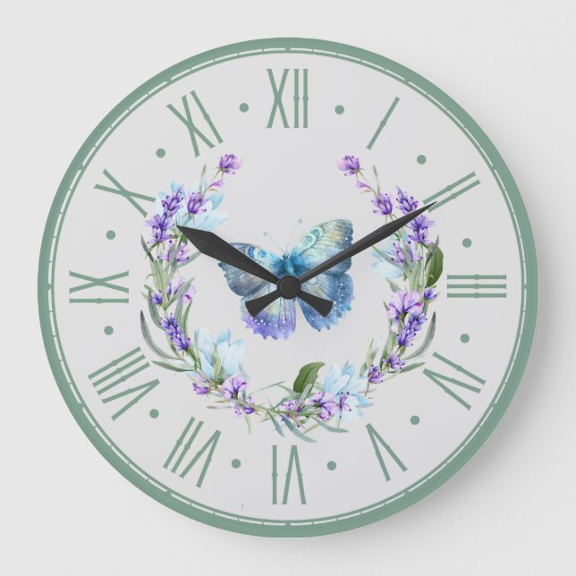 Blue Butterfly and Lavender Wall Clock Stor Klocka (Framsida)