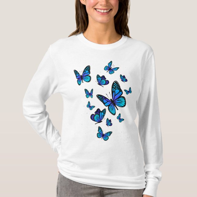 Blue Butterfly Art Garden Bevackra Butterflies T Shirt (Framsida)