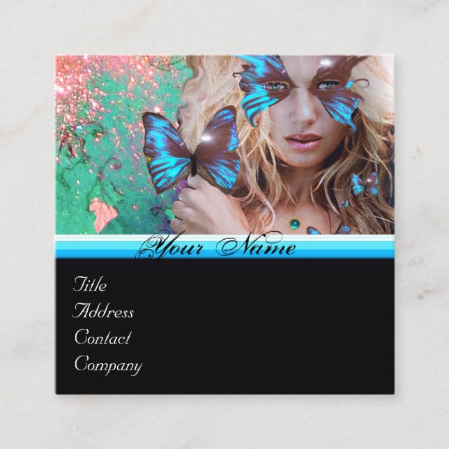 BLUE BUTTERFLY BEAUTY MAKEUP ARTIST monogram grönt Fyrkantigt Visitkort (Framsida)