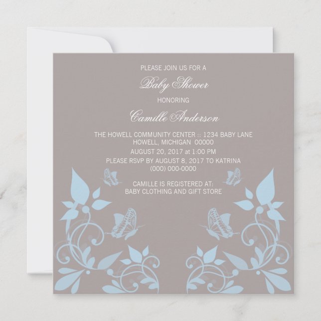 Blue Butterfly Blommigt Baby Shower Inbjudan (Framsida)