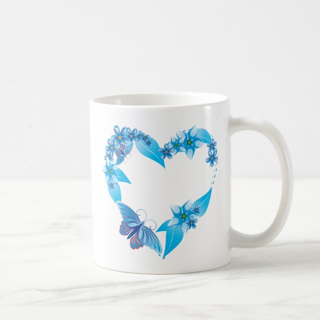 Blue Butterfly Blommigt Heart Kaffemugg (Höger)