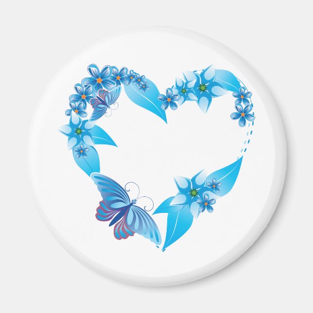 Blue Butterfly Blommigt Heart Magnet (Framsidan)