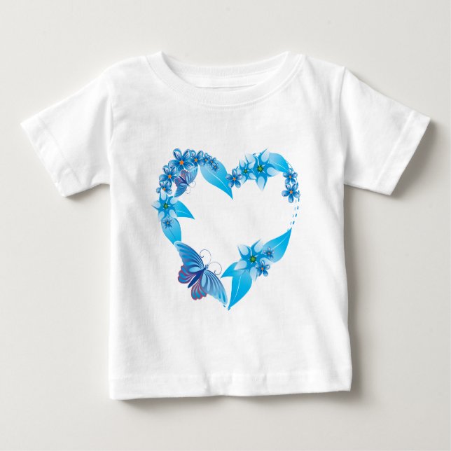 Blue Butterfly Blommigt Heart T-shirt (Framsida)