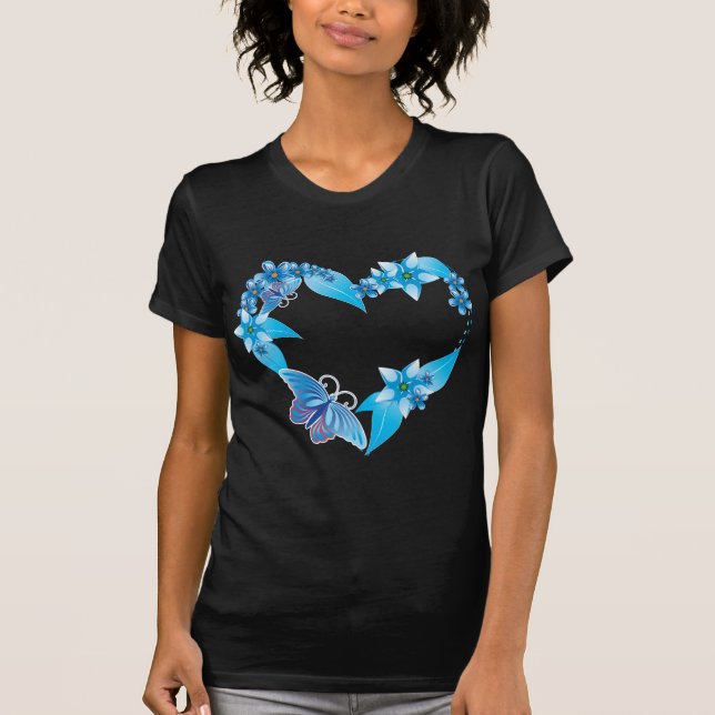 Blue Butterfly Blommigt Heart T-shirt (Framsida)