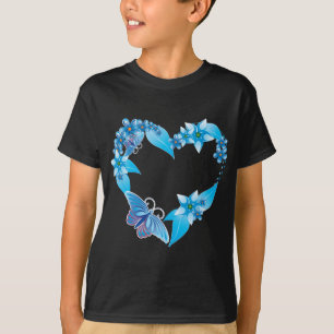 Blue Butterfly Blommigt Heart T Shirt