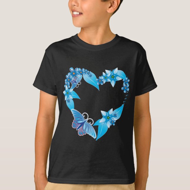 Blue Butterfly Blommigt Heart T Shirt (Framsida)