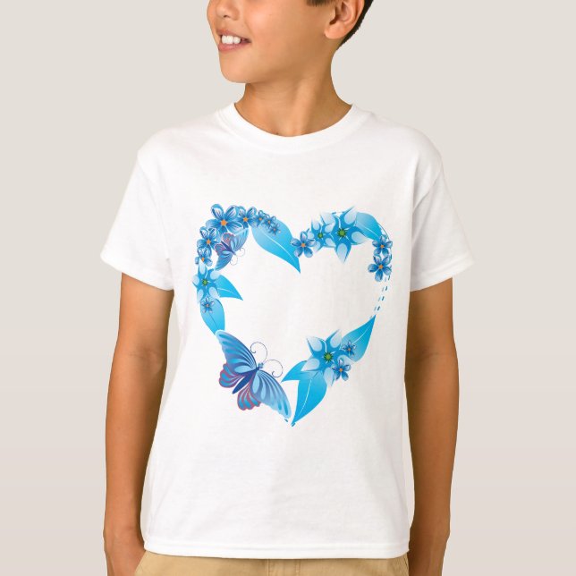Blue Butterfly Blommigt Heart T-shirt (Framsida)