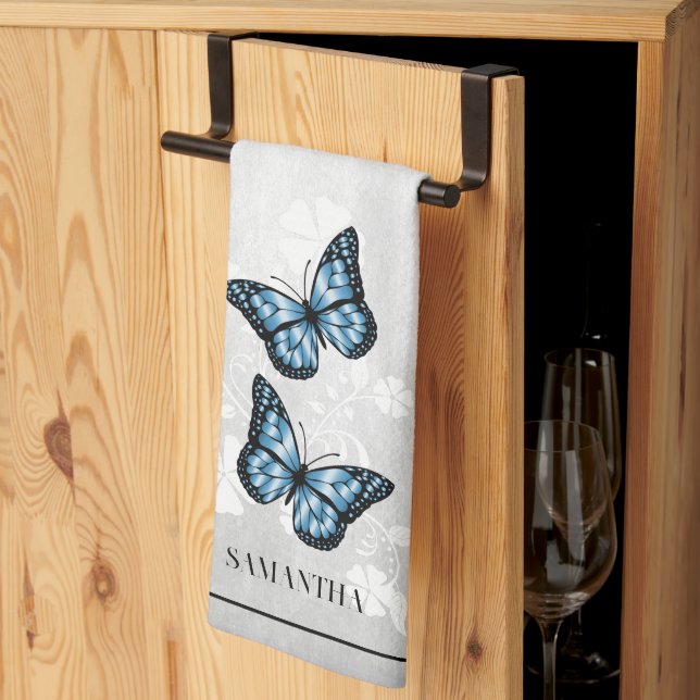 Blue Butterfly Blommigt Kitchen Towel Kökshandduk (Thirds Fold)