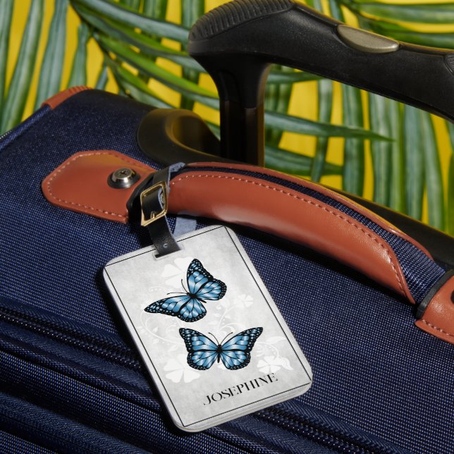 Blue Butterfly Blommigt Luggage Tag Bagagebricka (Framsida Insitu 1)