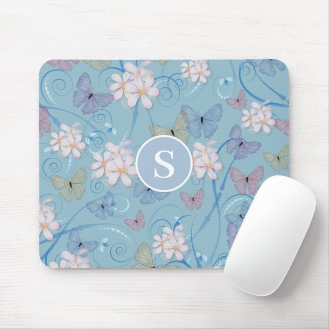 Blue Butterfly Blommigt Monogram Mousepad Musmatta (Med mus)