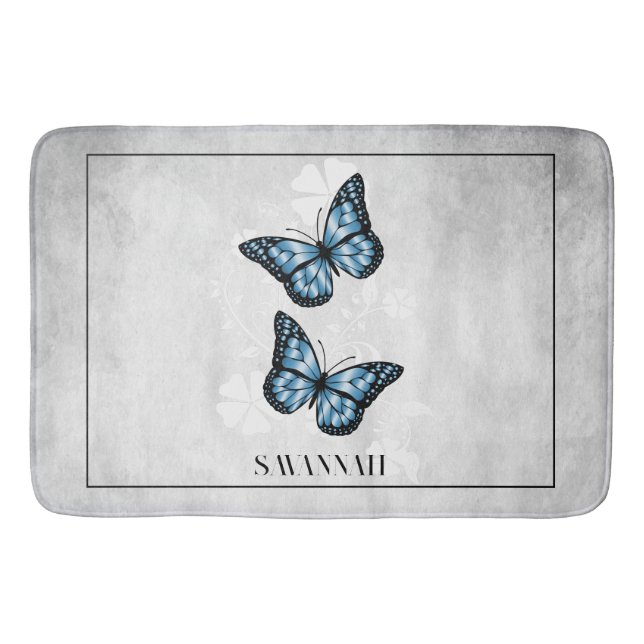 Blue Butterfly Blommigt Personlig Bath Mat Badrumsmatta (Framsidan)