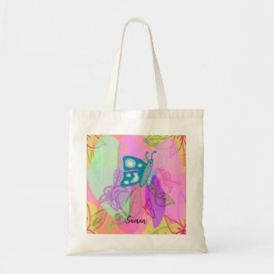 Blue Butterfly Blommigt Tote Bag Tygkasse