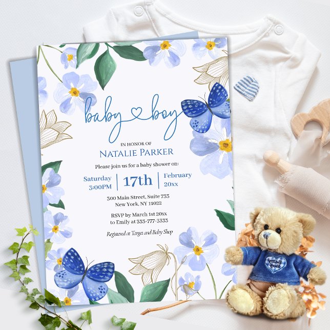 Blue Butterfly Blommigt Watercolor | Boy Baby Show Inbjudningar (Skapare uppladdad)