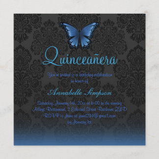 Blue Butterfly & Damask Quinceanera Inbjudan