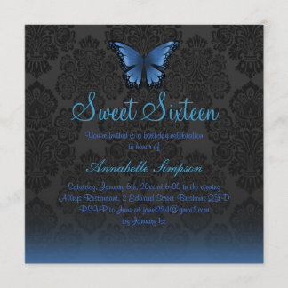 Blue Butterfly & Damask Sweet16 Inbjudan