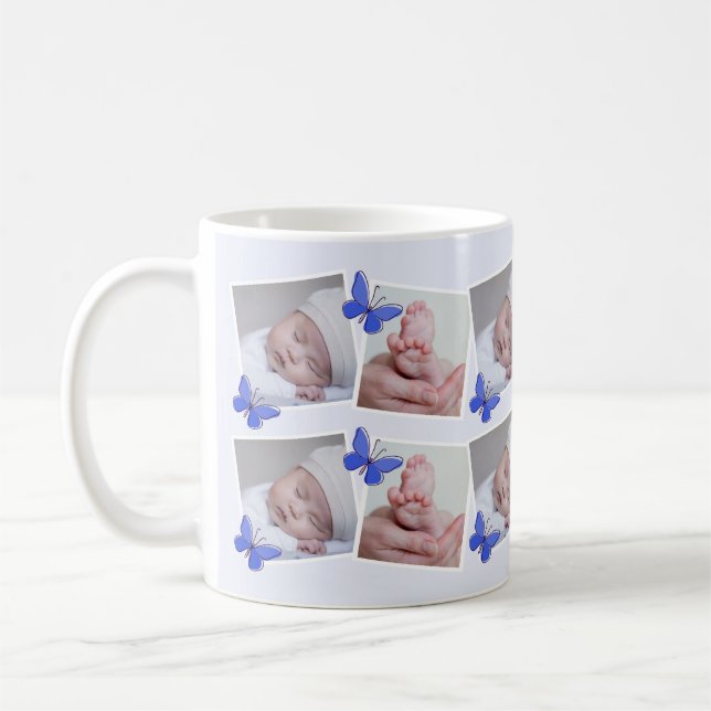 Blue Butterfly First Year Baby Photo Collage Kaffemugg (Vänster)