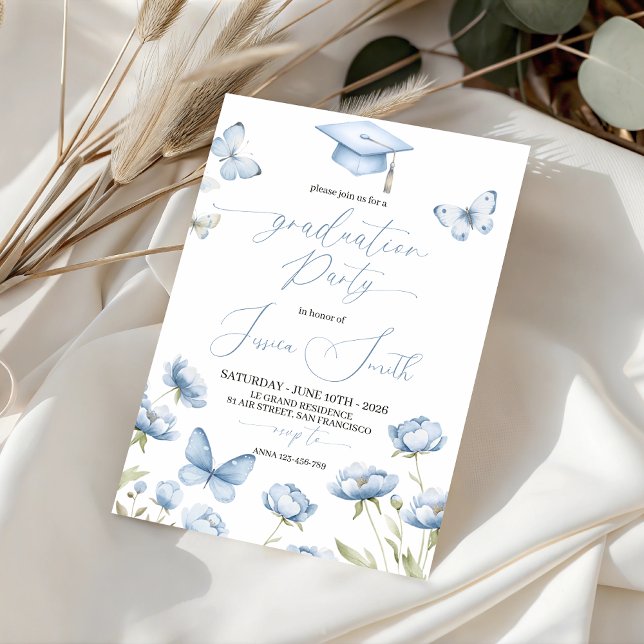 Blue Butterfly Floral Graduation Invitation Inbjudningar (Skapare uppladdad)