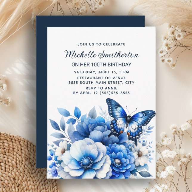 Blue Butterfly Flowers Elegant 100th Birthday Inbjudningar (Elegant blue butterfly and floral 100th birthday party invitation for women)