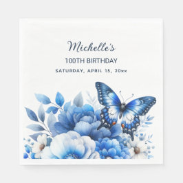 Blue Butterfly Flowers Elegant 100th Birthday Pappersservett