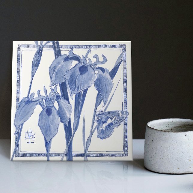 Blue Butterfly Lily Wall Decor Art nouveau Lilies Kakelplatta (Skapare uppladdad)