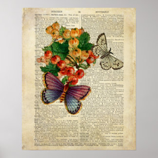 Blue Butterfly med Red Flowers Vintage Art Poster