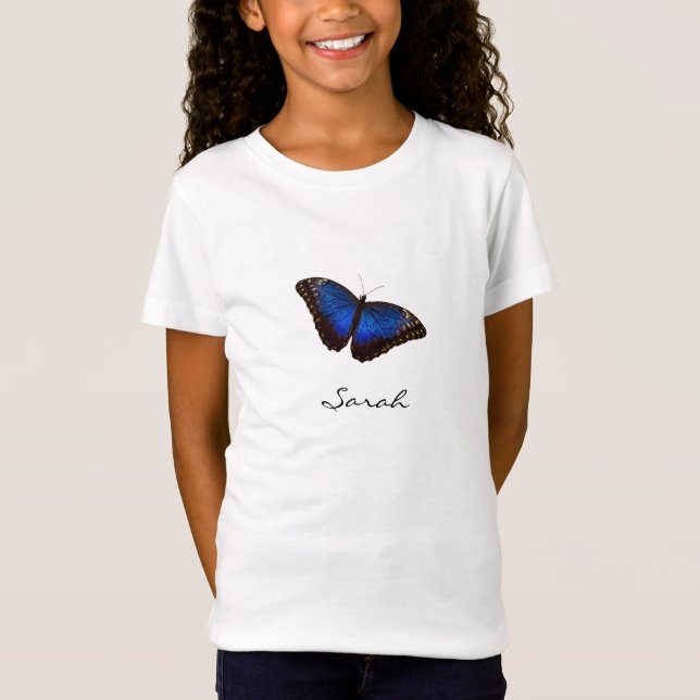 Blue Butterfly med Script Moniker Namn T-Shirt (Framsida)