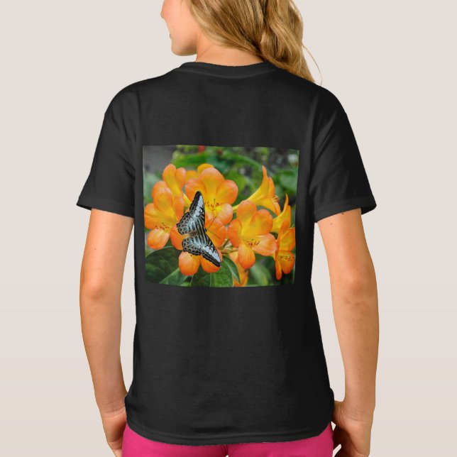 Blue butterfly med Tropical Rhododendron T-Shirt (Baksida)