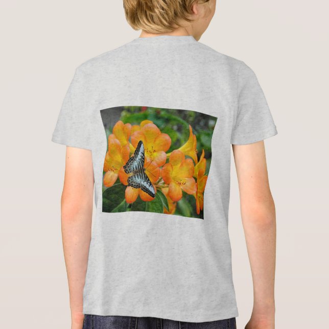 Blue butterfly med Tropical Rhododendron T-Shirt (Baksida)