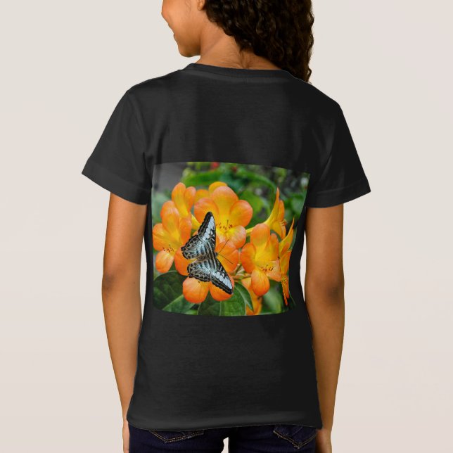 Blue butterfly med Tropical Rhododendron T-Shirt (Baksida)