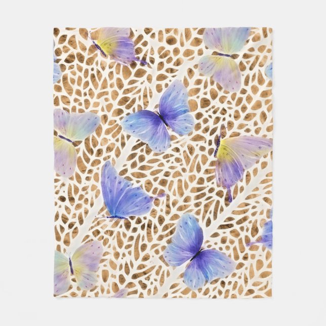 Blue Butterfly Modern Etheral Guld Animal Print Fleecefilt (Framsidan)