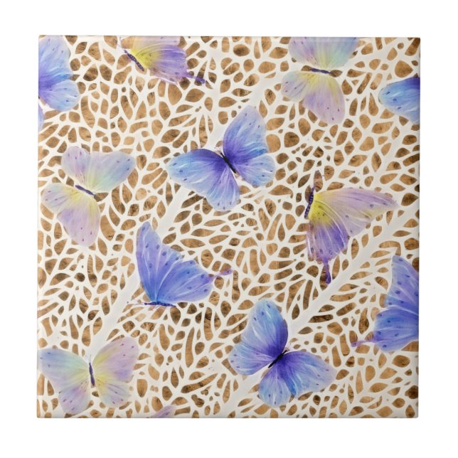 Blue Butterfly Modern Etheral Guld Animal Print Kakelplatta (Framsidan)
