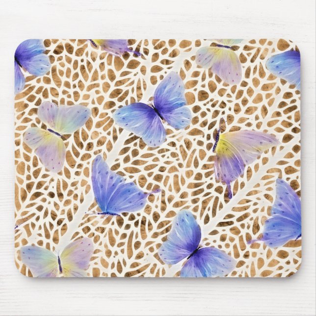 Blue Butterfly Modern Etheral Guld Animal Print Musmatta (Framsidan)