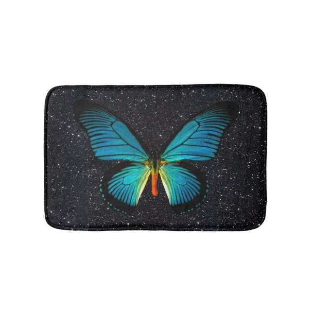 Blue Butterfly on Black Glitter Bath Mat Badrumsmatta (Framsidan)